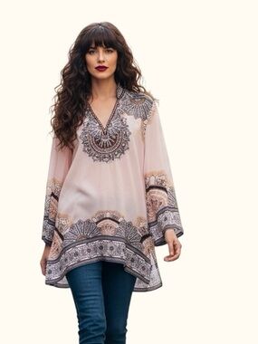 Minkas Boho Medallion Print Tunic Heavily Beaded Neckline Size M